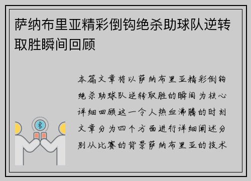 萨纳布里亚精彩倒钩绝杀助球队逆转取胜瞬间回顾 萨纳布里亚精彩倒钩绝杀助球队逆转取胜瞬间回顾